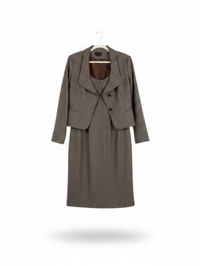 Vintage Zenobia Brown Herringbone Dress & Blazer Suit Set Size 10